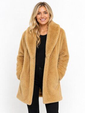 Avec Les Filles Faux Fur Coat Mustard Yellow Shawl Collar Star Lining Small NWT